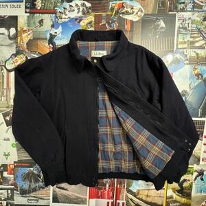 LL Bean Vintage Wool Bomber Jacket Navy Blue Plaid Lined Mens XL Full Zip Coat